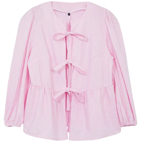 Trendyol Curve Pink Bow Tie Striped Long Sleeve Woven Plus Size Shirt