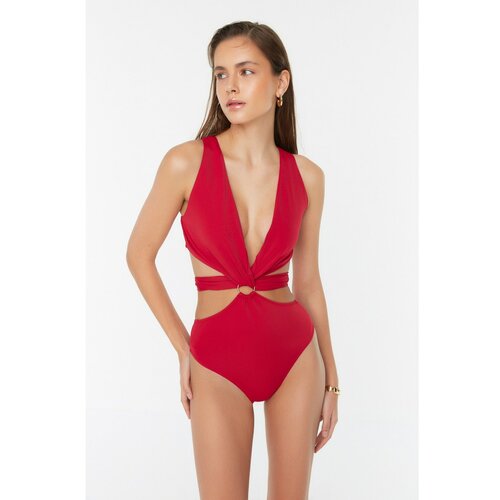 Trendyol Claret Red Buckle Accessory Deep V Neck Swimsuit Cene