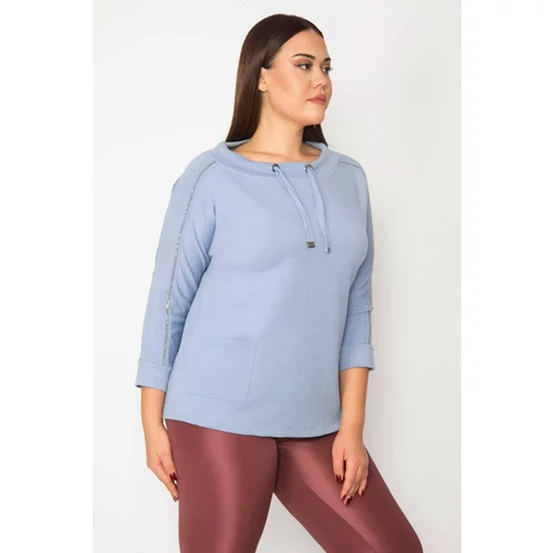 Şans Women's Plus Size Blue Eyelet And Stone Detailed Pocket Swetshirt