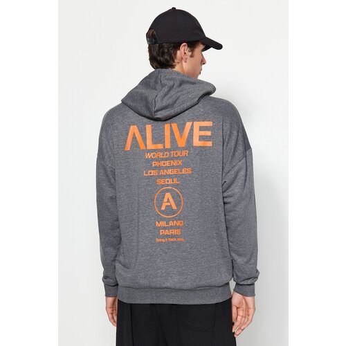 Trendyol Anthracite Melange Men's Oversized/Wide-Cut Hoodie with Text Printed Back Sweatshirt. Cene