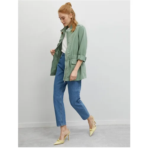 Koton Women's Gathered Waist High Neck Green Trench Coat