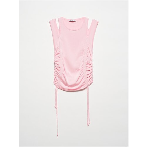 Dilvin 10366 Crew Neck Dropped Mid Shoulder Gathered Front Knitwear Undershirt-Pink Slike