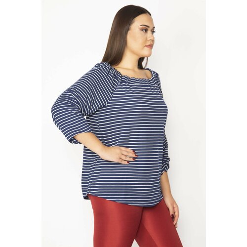 Şans Women's Plus Size Navy Blue Striped Tunic with Elastic Collar And Ruffle Detailed Sleeves Slike