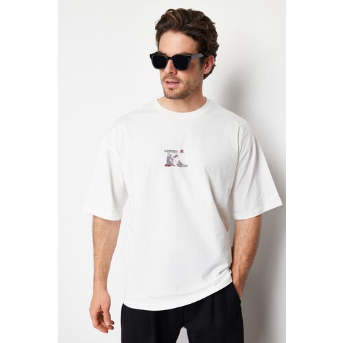 Trendyol men's ecru oversize skateboard printed 100% cotton t-shirt Cene