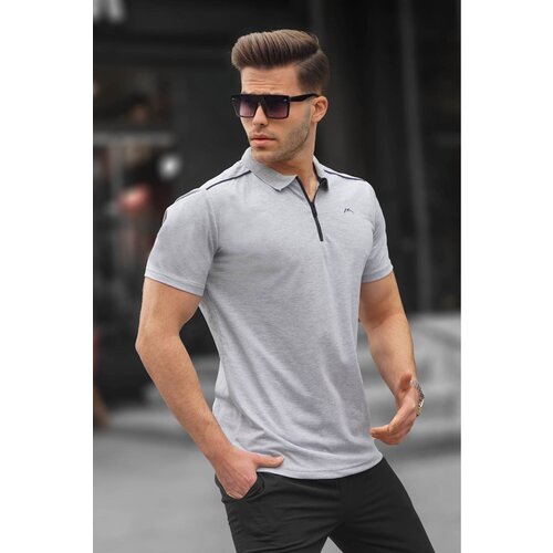 Madmext Men&amp;#039;s Graymelange Basic Zippered Polo T-Shirt 6076 Slike