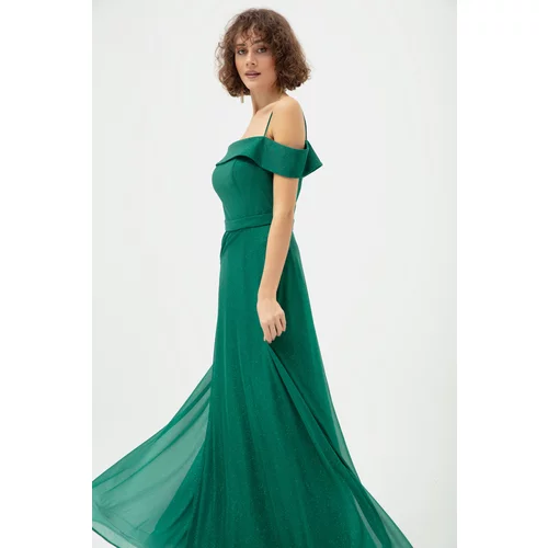 Lafaba Women's Emerald Green Thin Straps Boat Neck Silvery Long Evening Dress