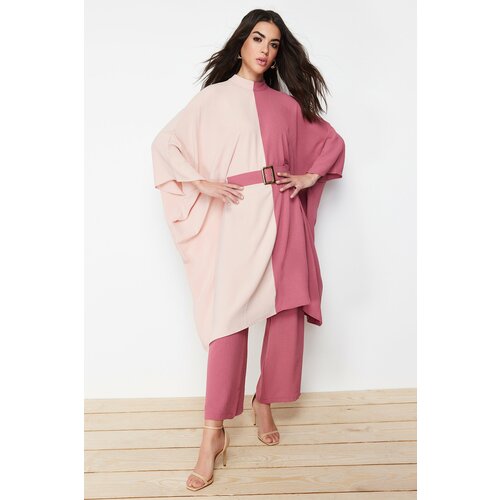 Trendyol Pale Pink Color Block Waist Belted Tunic-Pants Woven Suit Slike