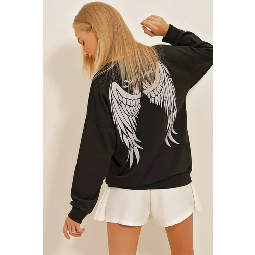 Trend Alaçatı Stili Women's Black Crew Neck Front And Back Wings Printed Oversize Sweatshirt