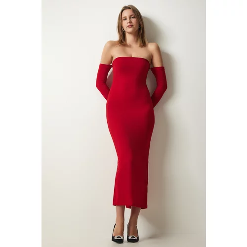 Happiness İstanbul Women's Red Strapless Neck Slit Sandy Dress