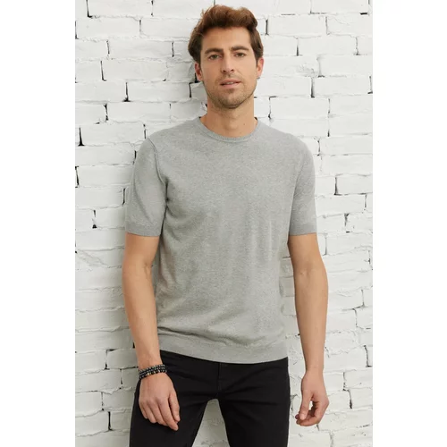 ALTINYILDIZ CLASSICS Men's Gray Standard Fit Normal Cut Crew Neck 100% Cotton Short Sleeve Knitwear T-Shirt.