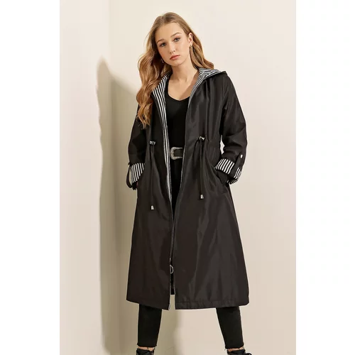 Bigdart 9091 Hooded Trench Coat with Pleated Waist - Black