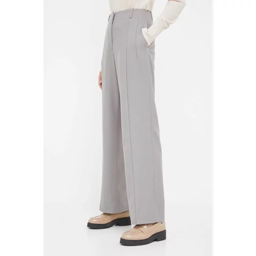 Calvin Klein Vunene hlače boja: siva, ravni kroj, visoki struk