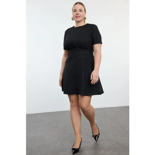 Trendyol Curve Black Short Sleeve Thin Padded Mini Draped Zippered A-Form Woven Dress