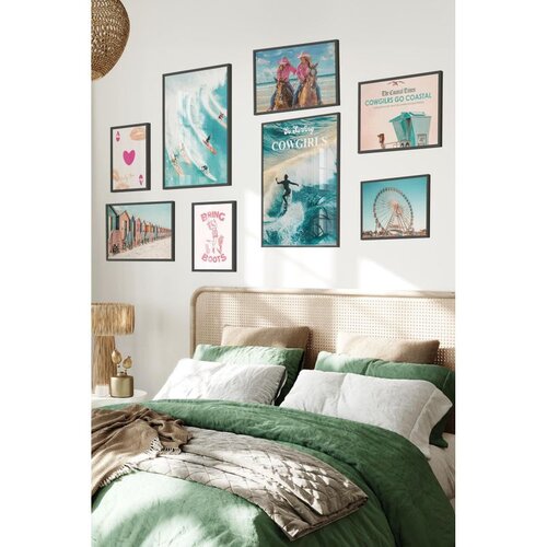 Wallxpert set od 8 uramljenih slika &Ccedil;gs-004, obalni kaubojski motivi &ndash; kaubojke na plaži, surf, spasilačka kućica i panoramski točak, crni ram Cene