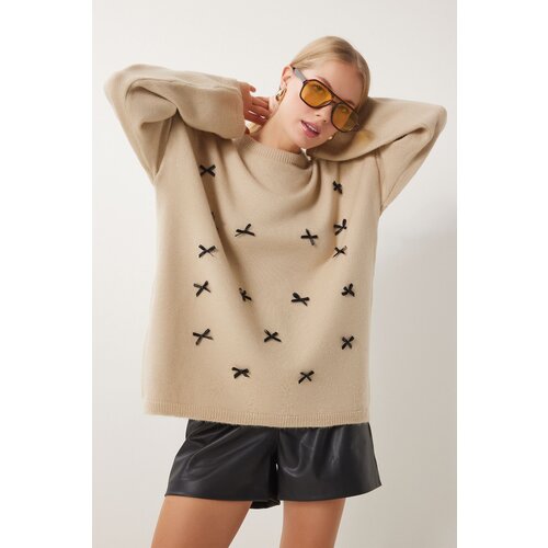 Happiness İstanbul Women's Dark Beige Bow Detail Oversize Knitwear Sweater Cene