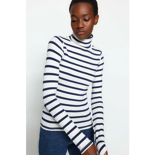 Trendyol Navy Blue Premium Soft Fabric Turtleneck Fitted/Situated Stripe Knitted Blouse
