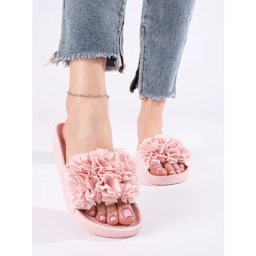 Shelovet Pink Slippers with Fur and Crystals