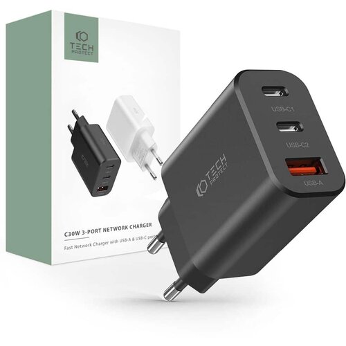 TECH-PROTECT NC30W 3-VRATNI STENSKI POLNILEC PD30W/QC3.0 ČRNI Slike
