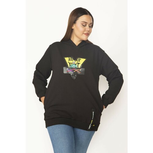 Şans Women's Plus Size Black Digital Print And Hooded Detailed Sweatshirt with Side Pockets Slike