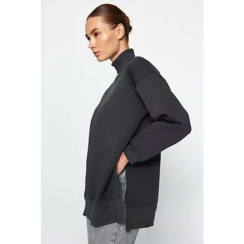 Trendyol Anthracite Oversize/Wide Fit Zippered Stand-Up Collar Fleece Inside Knitted Sweatshirt