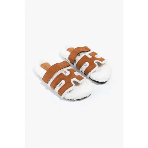 NİŞANTAŞI SHOES Pretty Tan Women's Slippers with Suede Pile, Flat Sole