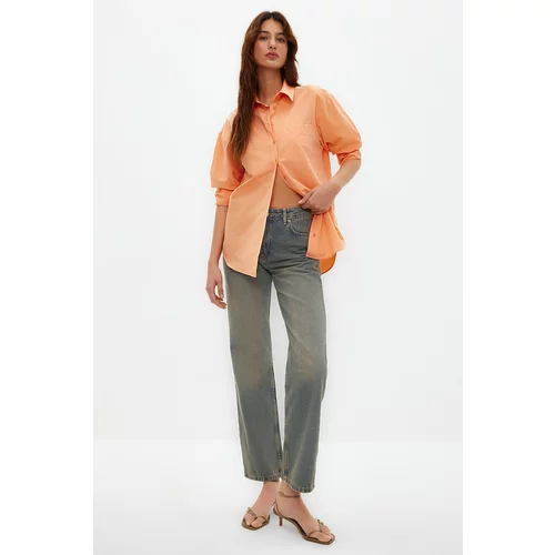 Trendyol Light Orange Single Pocket Boyfriend Woven Cotton Shirt