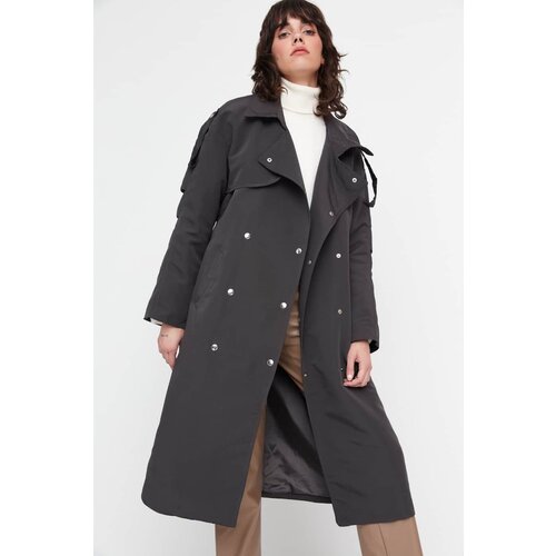 Trendyol Anthracite Oversize Belted Snap Closure Trench Coat Cene