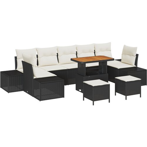vidaXL 10-dijelni set vrtnih sofa s jastučićima Crni poliratan acacia, dvosjed vrtni sofa s jastučićima Crni poliratan, 3-dijelni set vrtne blagovaonice s jastučićima Crni poliratan acacia Cijene