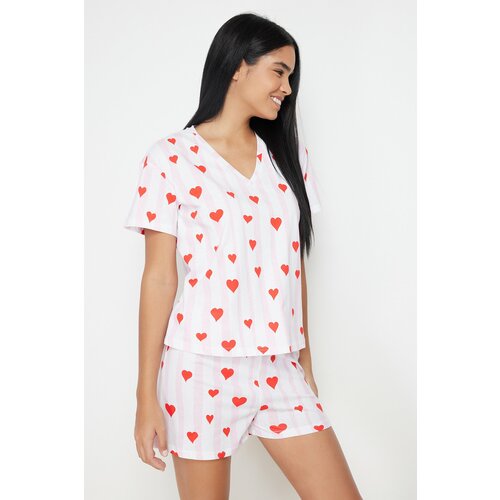 Trendyol Powder-Multicolor Stripe and Heart Knitted Pajama Set Slike