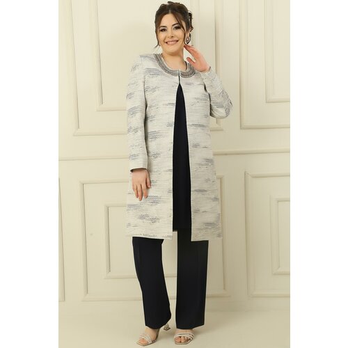 By Saygı Plus Size 3-Piece Suit with Stone Detailed Lined Collar Jacquard Jacket Inner Sleeveless Blouse With Trousers Slike