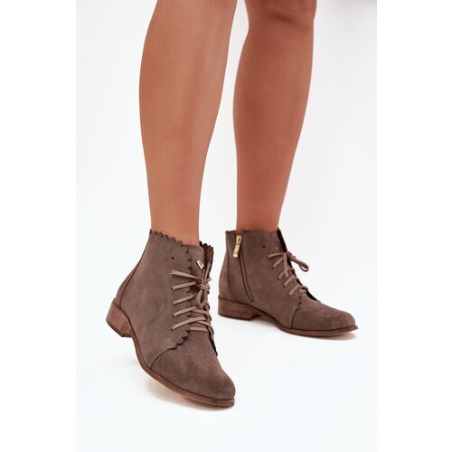 Zazoo Suede Ankle Boots With Flat Heel Dark Beige Slike