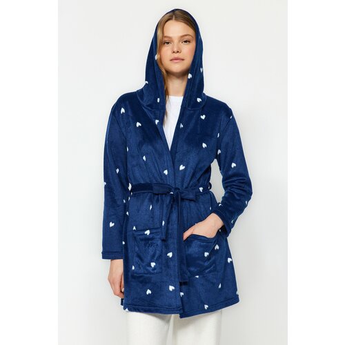 Trendyol Navy Blue Heart Printed Pocket and Hood Detail Fleece Knitted Dressing Gown Slike