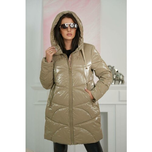 Kesi Shiny quilted jacket with large zippers beige Cene