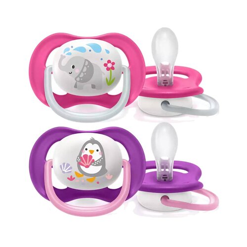 Avent silikonska tolažilna duda ultra air, 6-18m (2 kosa) - slon/pingvin Slike