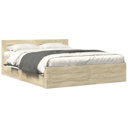 Maison Chic Posteljni okvir - Dvoposteljna postelja - Zakonska postelja z vzglavjem sonoma hrast 150x200 cm inž. les-J16407, (21759409) Slike