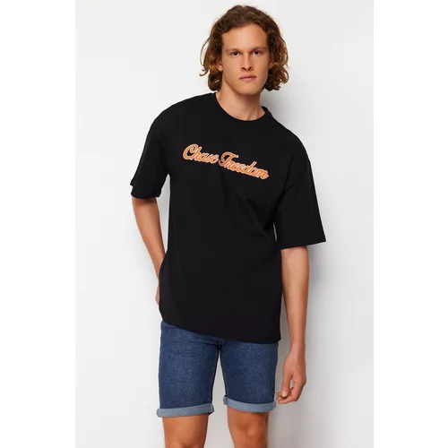 Trendyol Black Men's Oversize/Wide Cut Text Applique Embroidered 100% Cotton Short Sleeve T-Shirt