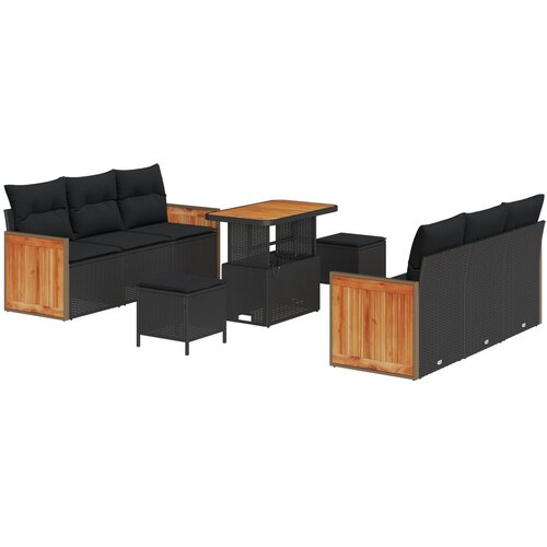 VidaXL 9 komadni set vrtnih sofa s jastucima Crni Poli Ratan Akacija, 3 komadni set vrtnih blagovaonica s jastucima Crni Poli Ratan Akacija Slike