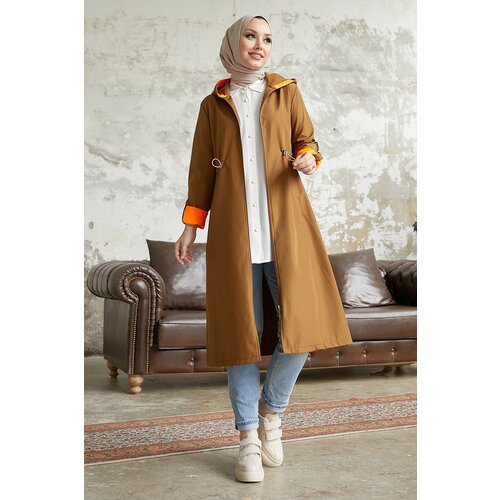 InStyle Hooded Neon Trench with Pleated Waist - Tan \ Orange Cene