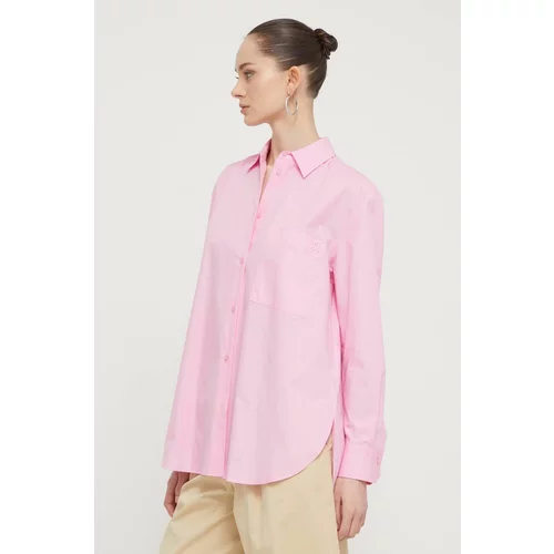 Hugo Pamučna košulja za žene, boja: ružičasta, relaxed, s klasičnim ovratnikom