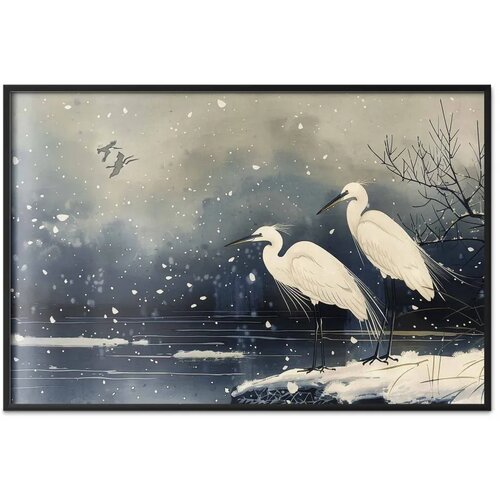  Plakat - Herons over a Winter Pond - illustration in the Japanese style in dark colors 60x40 Crni okvir Slike