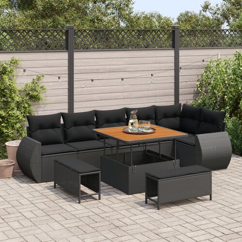 VidaXL 9 Komada Vrtni Sofa Set s Jastučićima, Crni Poliratan Akacija, 3 Komada Vrtni Obrok Set s Jastučićima, Crni Poliratan Akacija Slike