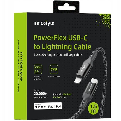 Innostyle POWERFLEX USB-C LIGHTNING MFI KABEL ZA HITRO POLNJENJE ZA IPHONE KEVLAR 2M ČRN, (21748118) Cene