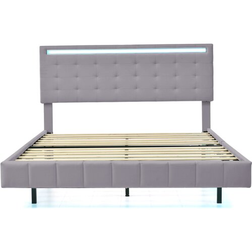 Lumor Postelja za odrasle 140x200 cm – lebdeča z LED in 2 USB-priključkoma + letveno dno – laneno blago – siva, (22151531) Cene