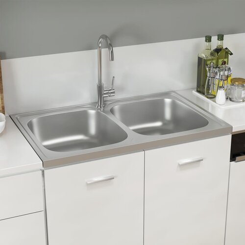 VidaXL Dvojno kuhinjsko pomivalno korito srebrno 800x500x155 mm Slike