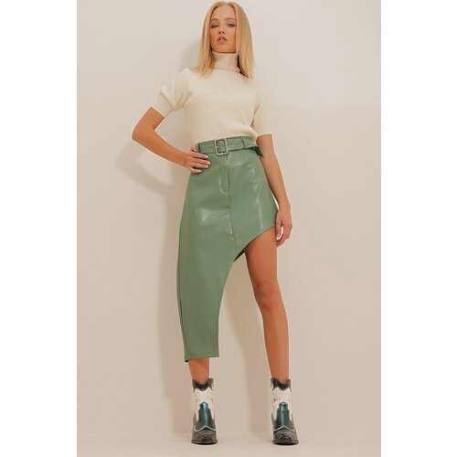 Trend Alaçatı Stili Women's Green Asymmetric Cut Belt Faux Leather Skirt Slike
