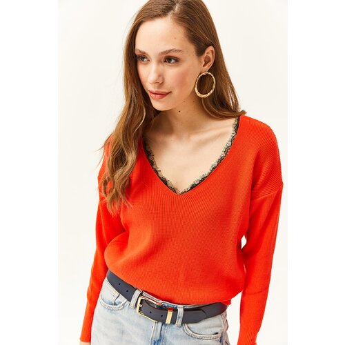 Olalook Women's Orange Lace Detail Knitwear Sweater Slike