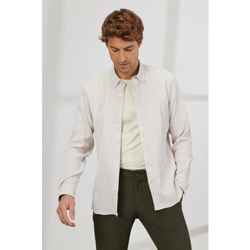 ALTINYILDIZ CLASSICS Men's White Beige Slim Fit Slim Fit Hidden Button Collar Cotton Striped Shirt. Slike