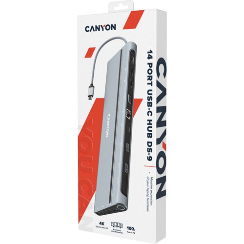 Canyon Multiport Docking Station with 14 ports: Type c data+Audio+Type C PD3.0 100W+SD+TF+2*USB3.0+USB2.0+RJ45+2*HDMI+VGA+DP+Lock, Input 100-240V, Output USB-C PD 5-20V/5A, cable length 0.20m, Space grey, 76*22.5*301mm, 0.36kg(Generation B) Cene