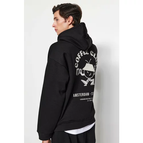 Trendyol Black Men's Oversize/Wide-Cut Hoodie with Fluffy Print Detailed Fleece Inner Cotton Sweatshirt.