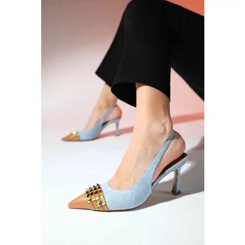 LuviShoes AELLA Jeans Blue Tan Trolley Pointed Toe Women's Heel Shoes